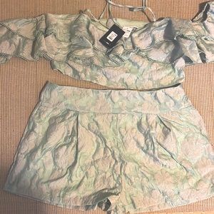 Fashion Nova Pastel Green Blue Two-Piece Ruffle Crop Top & Shorts Set